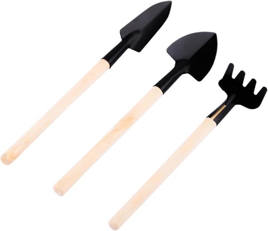 Mini Tuingereedschap Set - Schep Hark Spade - Kinderen Helpen Planten - Houten Handvatten - 3 Stuks - Zwart van MINI