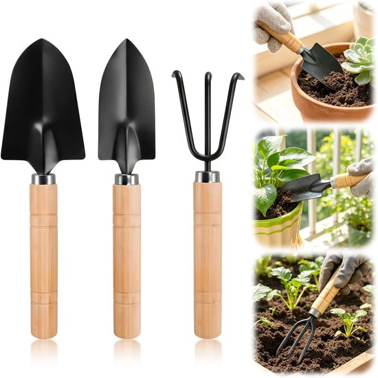 Mini tuingereedschapset (3-delig) - Inclusief troffel, schep en handhark - Gemaakt van roestvrij ijzer en massief hout - Ideaal voor kamerplanten, vetplanten, potplanten en verpotten