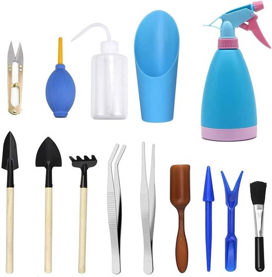 Mini Tuingereedschapset - Vetplanten Bonsai Set - Kamerplanten Verzorgen - Ergonomisch Ontworpen Grip - 14 Delig - Blauw