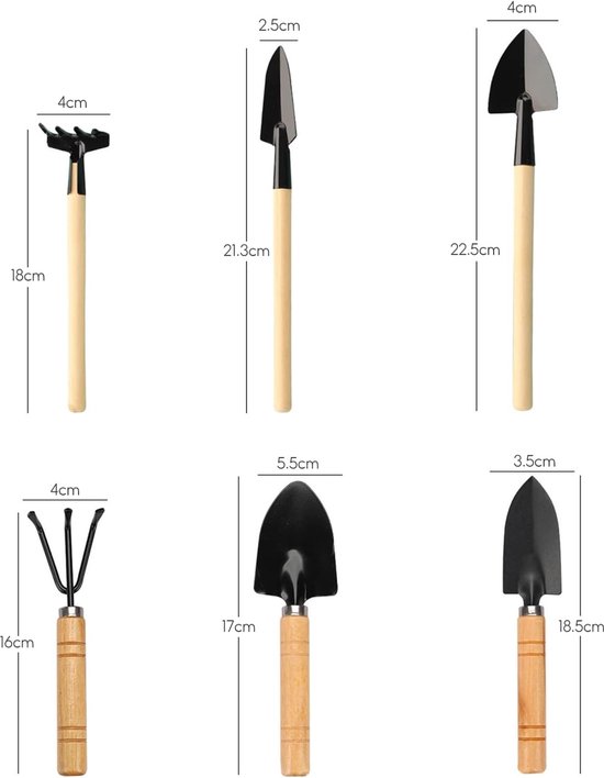 Mini tuingereedschapsset, 6 stuks tuinschep, klein tuingereedschap, mini-plant, tuingereedschap, mini houten handvat, handheld, mini-schop, spop, hark, tuinset, gereedschap voor bonsai van Merkloos	