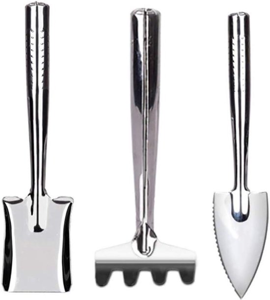 Mini Tuinieren Gereedschap - Kleine Hand Schop - Potplanten Verzorgen - Roestvrij Staal - 3 Delig - Zilver