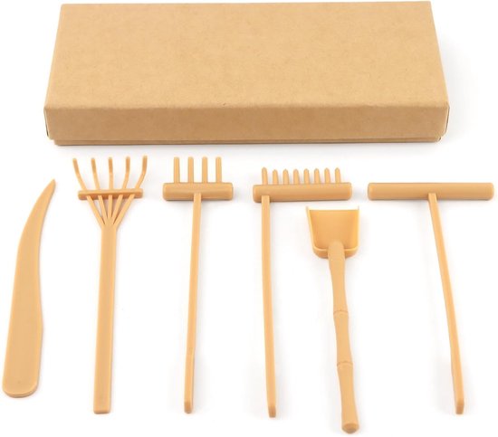 Mini Zen Tuin Set - Hark Gereedschap - Ontspanning Creëren - Duurzaam Kunststof - 6 Delig - Beige