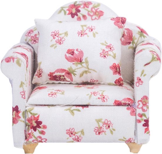 Miniature Furniture Sofa - Dollhouse Sofa - Mini Chair - 1/12 Miniature Chair - Chair Model DIY - Dollhouse Miniature Furniture - Accessories Floral Pattern - Mini Furniture Set met Rugkussen - Speelgoed voor Poppenhuis van Merkloos	
