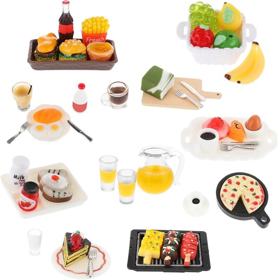 Miniatuur Eten Drinken 1:12 Poppenhuis - 50 Stuks Hars Voedsel Speelgoed Set - Pop Accessoires Speelgerechten Mini Keuken Spelen Kleine Cake Decor voor Jongens Meisjes - Mini Drink Eten Party van Merkloos	