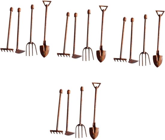 Miniatuur Gereedschap Sets - Decoratie Tuin - Feeëntuin Decoreren - Vintage Stijl - 4 Sets - Metaal Bruin