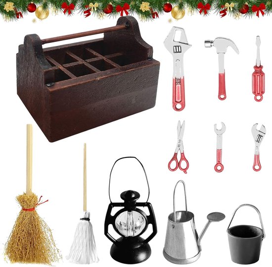 Miniatuur gereedschapskist met gereedschap - 12 stuks miniatuuraccessoires - miniatuur poppenhuis set - miniatuur houten gereedschapskist - miniatuur tuindecoratie - olielamp - emmer - veegbezem - speelgoed voor kinderen van Merkloos	