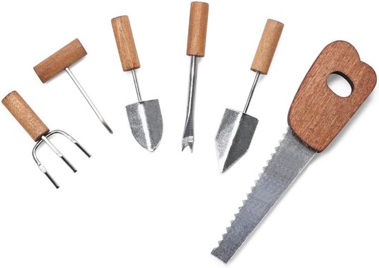 Miniatuur tuinbouw gereedschappen 1/12 - 6 stuks inclusief kettingzaag, onkruidtrekker, schoffels en harken - Metaal en hout voor diorama en poppenhuis