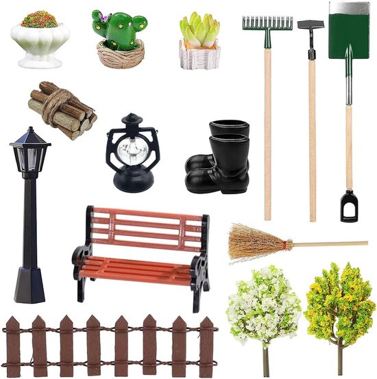 Miniatuur tuingereedschap - Kleine decoratie - Poppenhuis inrichting - 16 Delige set - Schaal 1:12 - Houtkleur