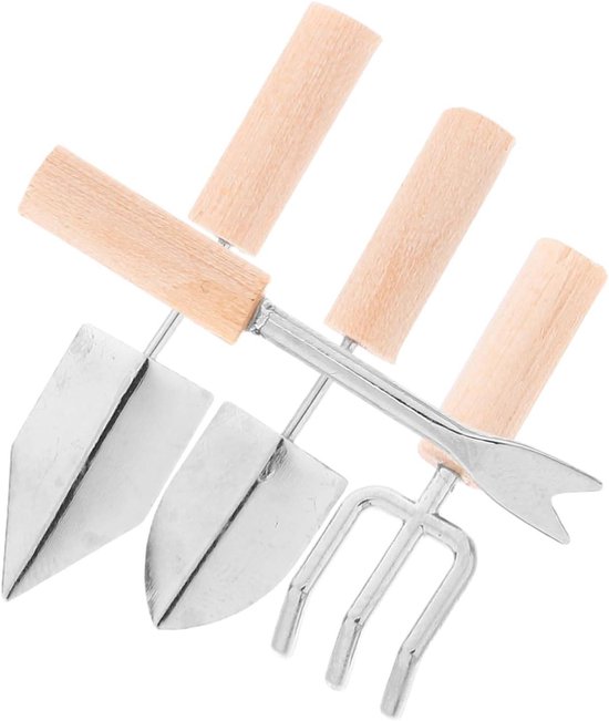 Miniatuur Tuingereedschap - Poppenhuis Accessoires - Mini Tuin Scènes - Comfortabele Houten Handvatten - 4 Stuks - Zilver