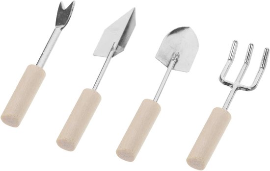 Miniatuur Tuingereedschap - Poppenhuis Decoratie - Miniatuur Landschap - Zinklegering Hout - 4 Delig Set - Zilver