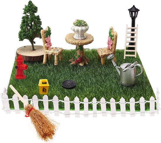 Miniatuurtuinaccessoires en -gereedschap voor het creëren van een betoverend micro-landschap