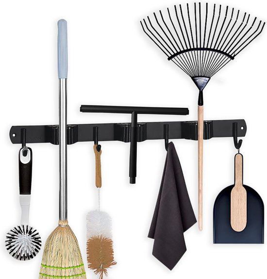 MinuteHome® Bezemhouder - Bezem Ophangsysteem Tuingereedschap - Gereedschapshouder - Multifunctioneel - 3M Tape - 3 Houders 4 Haken - RVS Zwart - Wandmontage van MinuteHome®