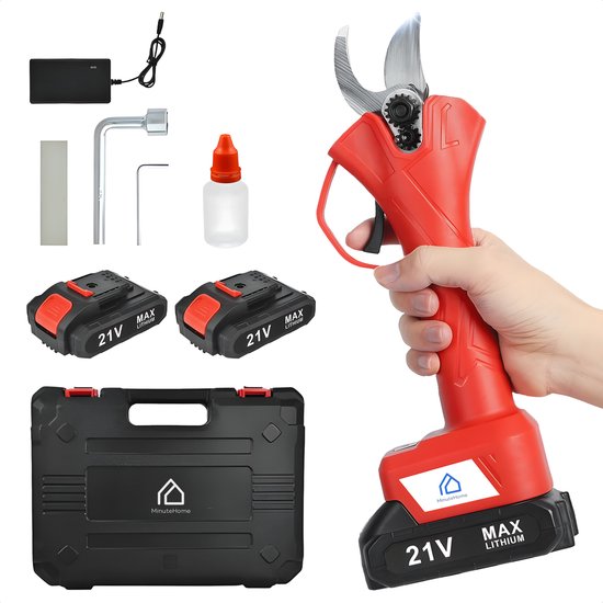 MinuteHome® Professionele Elektrische Snoeischaar - Tuinieren - Snoeischaar- Elektrisch - 2x Accu- Draadloos - Ergonomisch - Antislip - inclusief Opbergkoffer - inclusief Handleiding - Groen - 30mm Snijdiameter van MinuteHome®