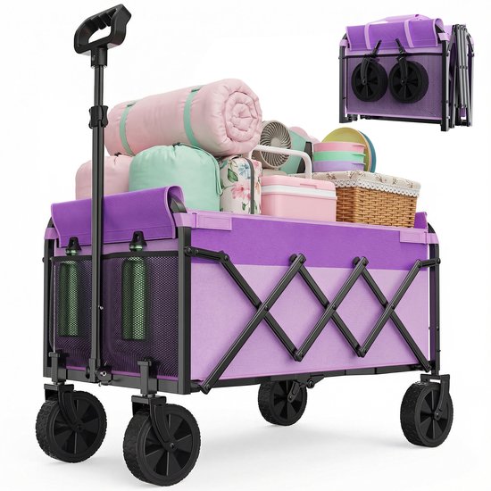 MIVRAY Tuinkar – Opvouwbaar 100 Liter 100 Kg – 74 x 46 x 96,5 cm – Staal En 600D Oxford – Paars – Voor Boodschappen En Camping