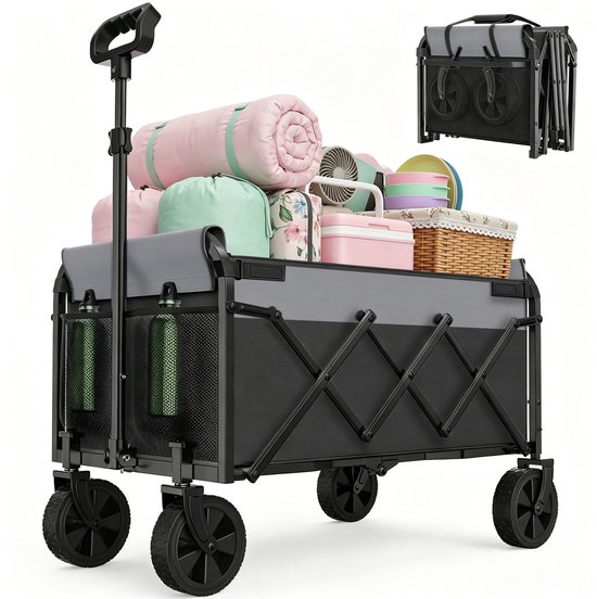 MIVRAY Tuinkar - Opvouwbaar En Compact - 74 x 46 x 96,5 cm - Staal En 600D Oxford - Zwart - Voor Boodschappen En Camping