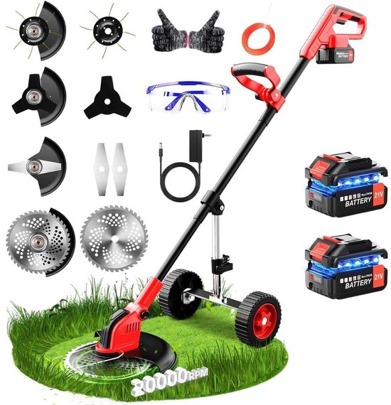 MKSS® Zweefmaaier - Bosmaaier Electrisch - Grastrimmer met Accu - Grasmaaier - Handmaaier met Wielen - Zwart en Rood van Merkloos	