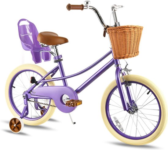 MMM® Kinderfiets 18 Inch - Kinderfiets 16 Inch - Fiets - voor Meisjes van 2 tot 7 jaar - met Poppenzitje, Steunwielen en Mandje - Paars - ‎108 cm x 55 cm x 19 cm van MMM®