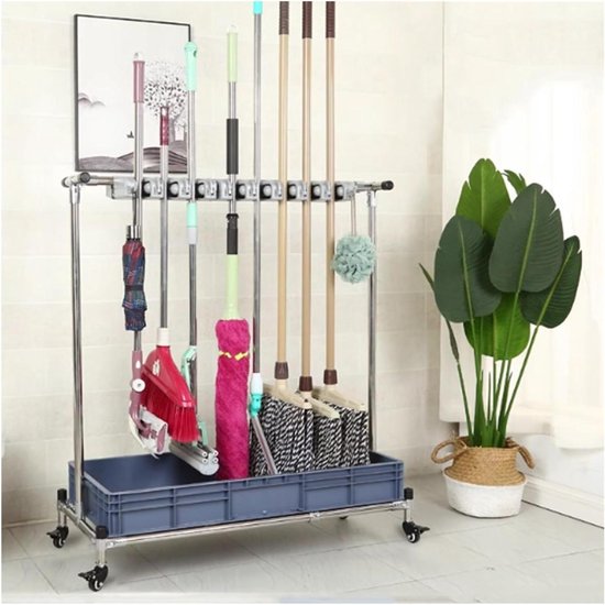 Mobiele Bezeme Wagen - Schoonmaakkar - Schoonmaak Organiseren - Met Drip Tray - 66 x 42 x 105 cm - Zilver