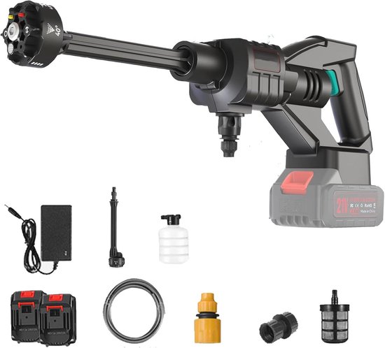 Mobiele Hogedrukreiniger 21V met 6-in-1 Mondstuk en 2 Accu's voor Efficiënt Autowassen en Reinigen