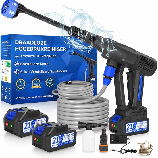 Mobiele Hogedrukreiniger met 2 Accu’s - Draagbare Hogedrukreiniger - Direct Aansluitbaar op Kraan - Accu Hogedrukspuit voor Auto en Balkon - Hogedrukreiniger met 6 in 1 Spuitmond - Draadloze Waterreiniger met Accessoires - Hogedrukreiniger Accu