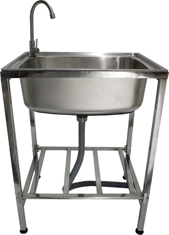 Mobiele wasbak camping kamperen - RVS - verstelbare poten - 60x45x79 cm - spoelbak gootsteen buitenkeuken van Coppens