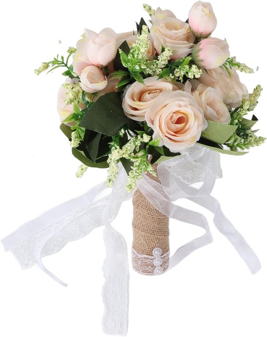 Modern Elegant Handboeket - Levensecht Decoratief Bruidsboeket - Voor Huwelijksfotografie - Champagne Kleur van Decoworld
