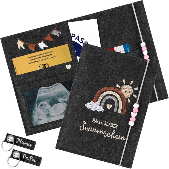 Moederpaspoorthoes - handgemaakt vilt - beschermhoes met vak - opslag van verzekeringskaarten - ultrasone foto's - vaccinatiepaspoort - cadeaus voor zwangere vrouwen - aanstaande moeders - grijs van Merkloos	