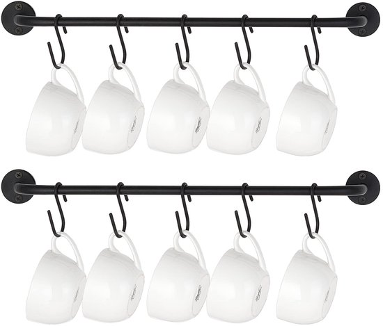 Mokhouder Wandmontage Koffiekopje Rek Hanger Modern Metalen Wandrek met 10 Mokhaken Rustiek Bestek Theekopjes Opbergorganisator voor Keuken Eetkamer Koffiebar, Set van 2, Zwart