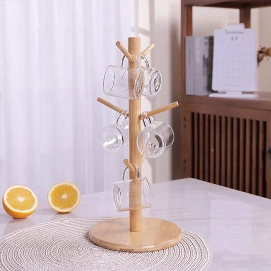 Mokkenhouder in de vorm van een boom van bamboe en hout, geschikt voor in de woonkamer en keuken, houten koffiekopjeshouder voor op het bureau met 6 haken. van Merkloos	