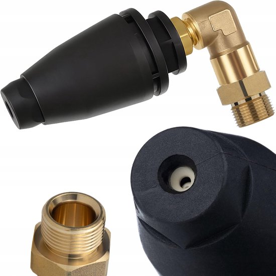 mondstuk 90° turbo, hogedruksproeier M22 x 1,5 buitendraad 14 mm, hoekstraal, mini, duurzaam messing/kunststof, voor pleisterwerk, ondergrond, staal
