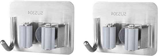 Mop en Bezemhouder Set van 2, Roestvrij Staal met Haak, Zelfklevende Wandbeugel voor Keuken, Tuin, Garage en Badkamer Organizer