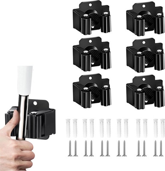 Mop Houder - 6 Stuks - Bezemhouder - Bezem Houder - Bezem Ophangsysteem - Bezem Houder - Wandhouder - Hanger Achter De Deuren - Badkamer Accwssoires - Keuken Storage Tool - Gereedschapshouder - Organisator Haak - Tuingereedschap - Rvs - Zwart van Haltru