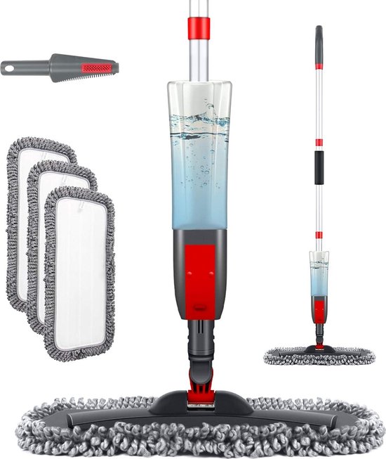 Mop met sproeifunctie - vloerreiniging voor thuis en keuken - waterreservoir van 450 ml - rood van Merkloos	