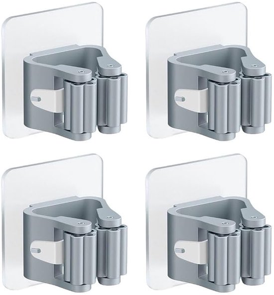 Mopklemmen voor wandmontage - Mophaken voor in de badkamer voor thuis - PVC - Zelfklevend - Boren niet nodig - Wandmontage - Geschikt voor dweilen/bezems/tuingereedschap - Verpakking van 4 - Grijs van Jetec