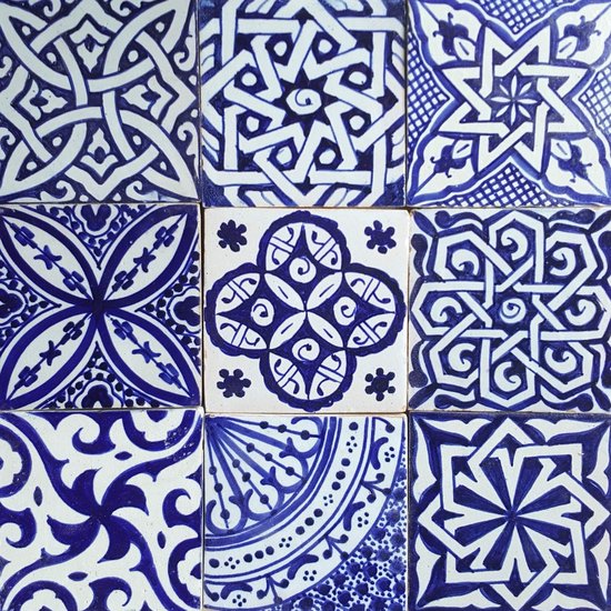 Moro HBF8400 Oosterse tegelmix, 10 x 10 cm, blauw wit, verpakking van 9 stuks, handbeschilderde Marokkaanse tegels, patchwork, kunsthandwerk uit Marokko, wandtegels voor mooie keuken, douche,