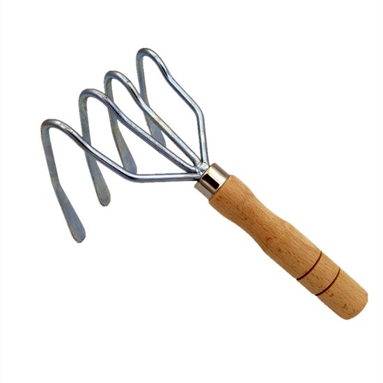Mosselschep – 4 tanden, staal, antislip, houten steel, voor mossel, tuin en strand