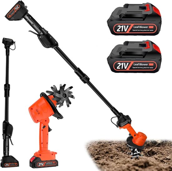 motorhak, 21 V, met 2 accu's met 3000 mAh en 1,3 m handgreep, hak voor de tuin met 4 metalen messen, 10 cm, werkbreedte 10 cm, werkdiepte 235 omw/min, snelheid