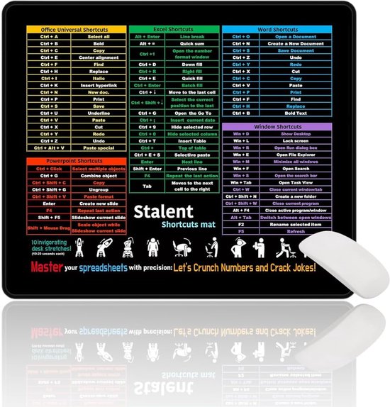 Mouse Pad met Excel Shortcuts - Black Mouse Pad - Non-slip Onderkant met Genaaid Rand (20cm x 24cm) van Merkloos	