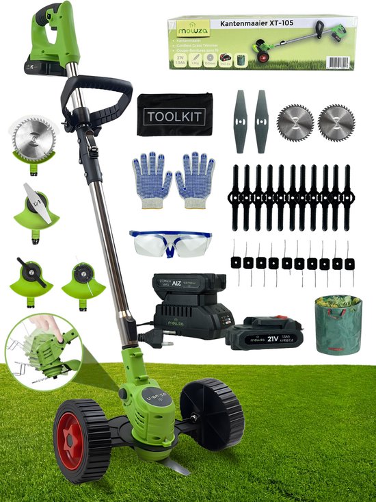 MOWZA® 4-in-1 Kantenmaaier - Grastrimmer - Bosmaaier - Grasmaaier - Draadloos & Elektrisch - Incl. 2 Accu ‘s & Snellader - Groen/zwart van MOWZA