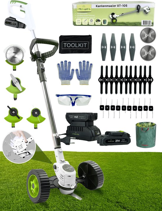 MOWZA® 4-in-1 Kantenmaaier – Grastrimmer – Bosmaaier – Grasmaaier – Draadloos & Elektrisch – Incl. 2 Accu ‘s & Snellader - Wit/Groen van Merkloos	