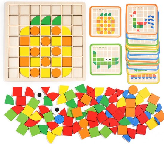 Mozaïek bouwsteenpuzzel - houten mozaïekspel voor kinderen - 120 geometrische vormen en 20 designkaarten - educatief speelgoed voor kinderen van 3 jaar van Savita Kids