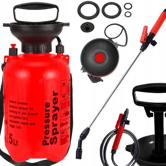 MOZY® - Plantenspuit - met Draagriem en Lans - 5 Liter - Rood - Verstelbare Sproeikop - Drukspuit - Onkruidspuit - Waterverstuiver - Handpomp