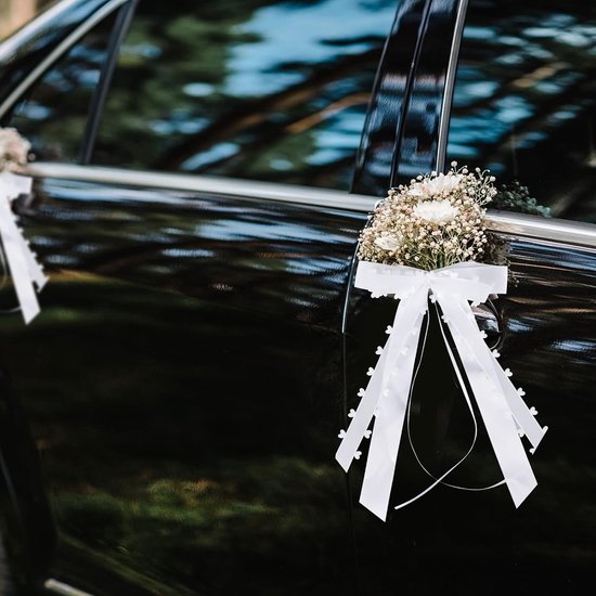 MplehDa 50 Pieces Car Bows Wedding Car Bows Antenna Bows White with Hearts Bows Wedding Car Decoration Vintage Car Bows Handmade Satin Ribbon for Wedding Party van Merkloos	