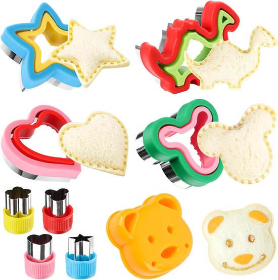MplehDa Sandwich Cutters and Sealer 9PCS Sandwich Cutter for Children Decruster Sandwich Crimpers for Making Sandwiches Cookie Cutters Set with Vegetable Fruit Cutters for Children Lunch Box van Merkloos	