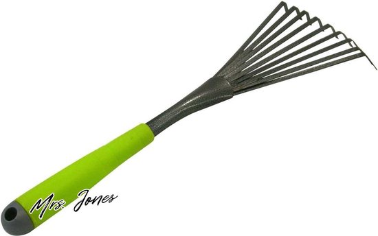 Mrs. Jones Kleine bezem zwart gepoedercoate hark zilveren hamerslag vormvaste handgreep tuingereedschap 9 platte verenstalen tanden roestvrije bladhark . van Merkloos	