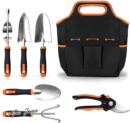 Mrs. Jones Tuingereedschapsset 7-delig roestvrij staal tuinhandgereedschap tuinschaar-tuingereedschap-tuinhark-plantenschep-onkruidsteker-handtas-tuincadeau-tuinieren . van Mrs. Jones