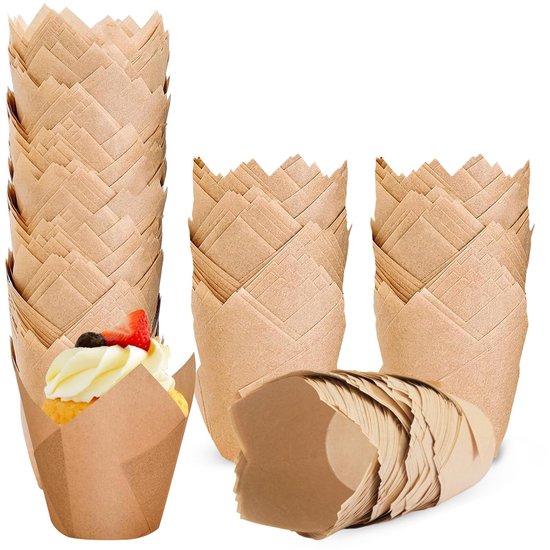 Muffinvormpjes, papier, tulpen, natuurlijke ongebleekte cupcake-vormen, standaardformaat, bakvormpjes, papier voor bruiloft, verjaardag, feest (B)
