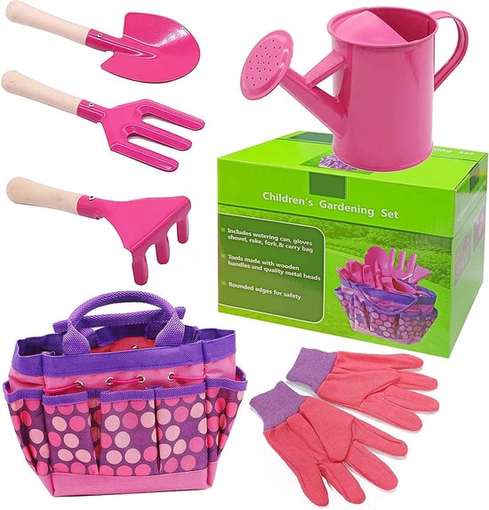 Multifunctionele gereedschapstas voor kinderen, 6-delige set tuingereedschap voor kinderen, tuingereedschapsset voor buiten, Kids Gardening Tools, kleuterschool gieter voor kinderen, tuinschep gieter (roze) van Japace