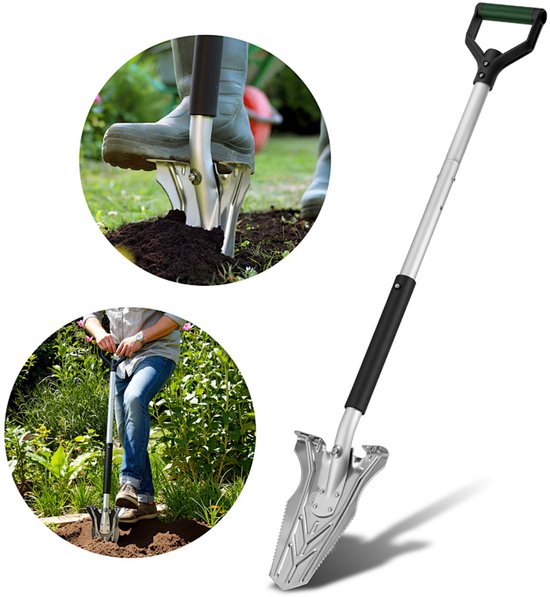 Multifunctionele inklapbare tuinschep 120 cm zilver-zwart met D-handvat voor graven en wortels snijden