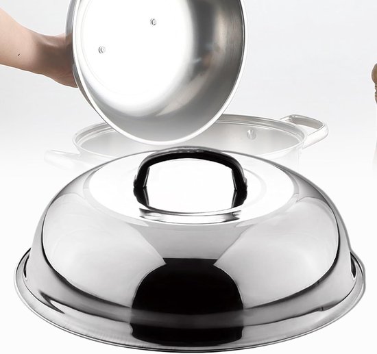 Multifunctionele roestvrijstalen ronde wokdeksel met handvat - Teppanyaki-deksel voor thuis frituren - stomen - buitengrillen (34 cm) van Merkloos	